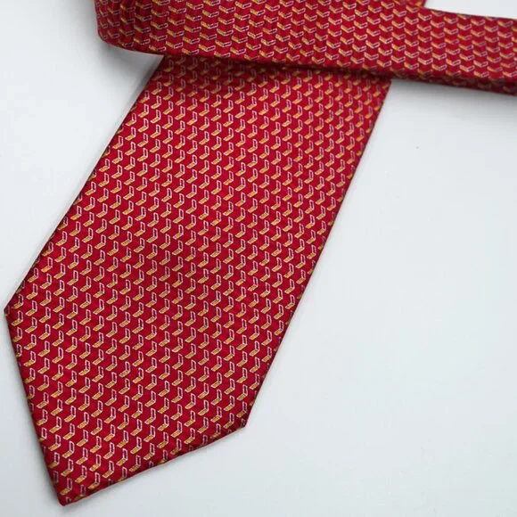 NEW $295 Brioni Red W/ Gold and Silver Design Made in Italy Long Satin Silk Tie